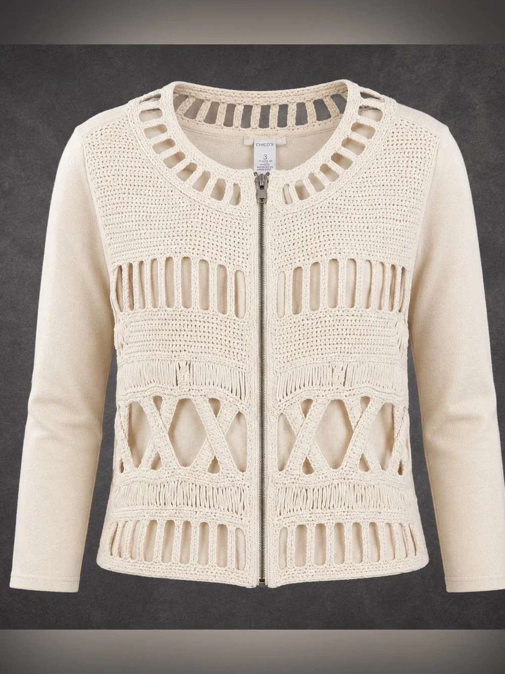 Chico’s Size 3 | Cream Crochet Zip Front Sweater Jacket - Picture 1 of 6
